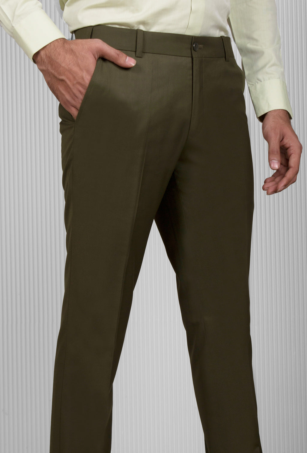 Olive Green Solid Italian Fit Cotton Blend Formal Trousers For Men