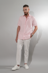 Durable cotton shirt pink with white trousers