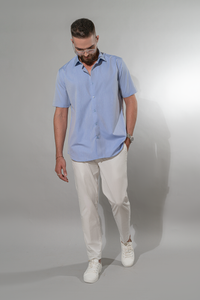 Man wearing oceanic blue Trendy half-sleeved shirts blue