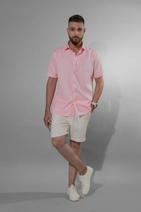 Men wearing Pastel Pink Half sleeve shirt with white shorts