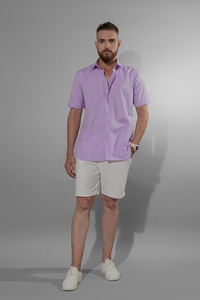 Men wearing lilac Half sleeve shirt with white shorts