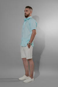 side view of mens cotton sky blue shirt with half sleeve